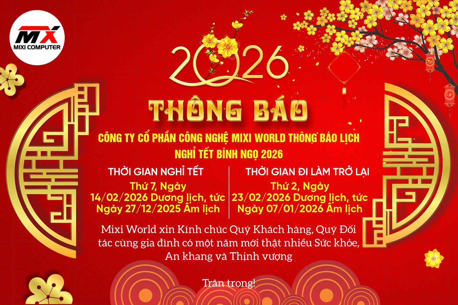 Thông báo lịch nghỉ tết nguyên đán 2026