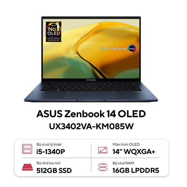 Laptop Asus Zenbook UX3402VA-KM085W (Core i5 1340P/ 16GB RAM/ 512GB SSD/ Intel Iris Xe Graphics/ 14.0inch WUXGA+/ Windows 11 Home/ Blue)