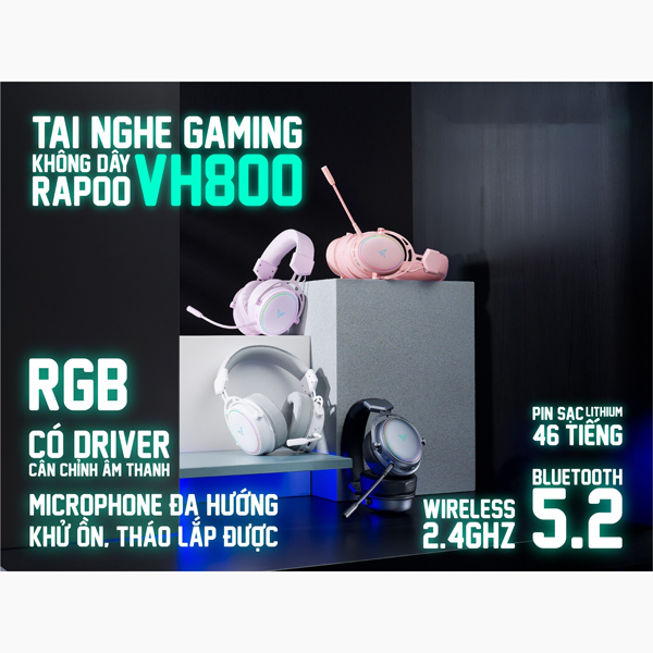 Tai nghe không dây Gaming Rapoo VH800 (Bluetooth 5.2 và Wireless 2.4Ghz, LED RGB) 