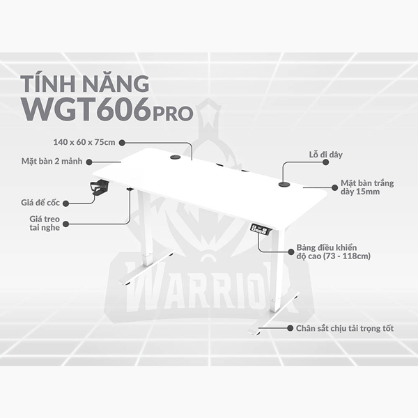Bàn chơi game nâng hạ điện WARRIOR Paladin Series WGT606 Pro (White)