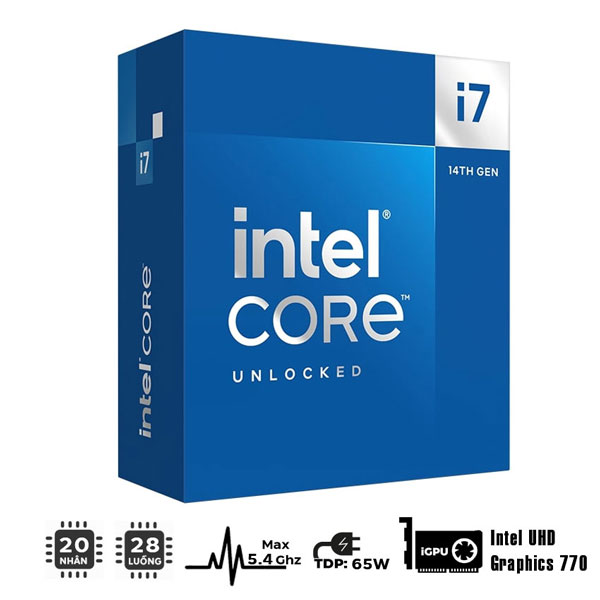 CPU Intel Raptor Lake Core i7-14700 (2.1GHz turbo up to 5.4Ghz, 20 nhân 28 luồng, 33MB Cache, 125W, Socket 1700)