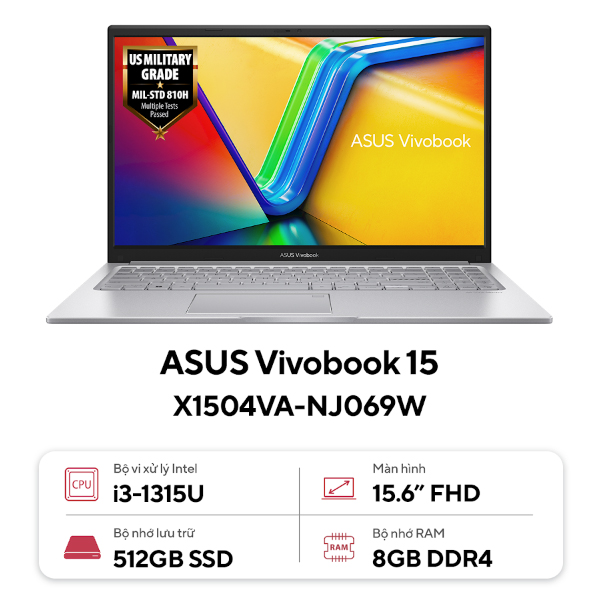 Laptop Asus Vivobook 15 X1504VA-NJ069W (Core i3 1315U/ 8GB RAM/ 512GB SSD/ Intel UHD Graphics/ 15.6inch Full HD/ Windows 11 Home/ Silver)