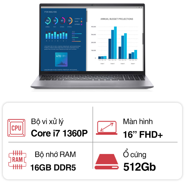 Laptop Dell Vostro 5630 THT7N (Core i7 1360P/ 16GB RAM/ 512GB SSD/ Nvidia GeForce RTX 2050 4GB GDDR6/ 16.1inch FHD+/ Windows 11 Home + Office Student/ Grey/ Vỏ nhôm)
