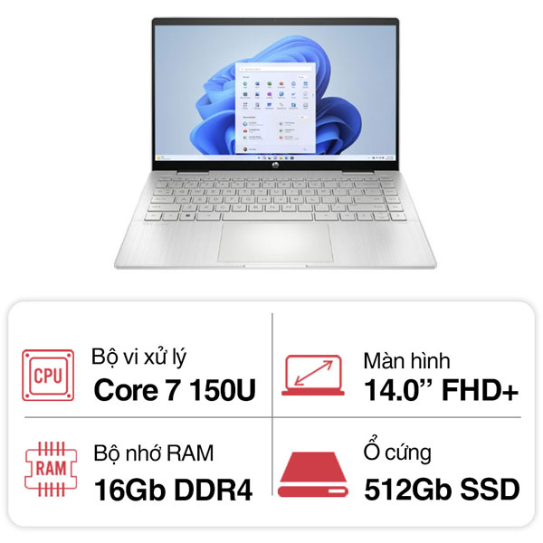 Laptop HP Pavilion x360 14-ek2013TU 9Z2V4PA (Core 7 150U/ 16GB RAM/ 512GB SSD/ 14 inch FHD Touch/ Win11/ Vỏ nhôm/ Pen/ Silver)