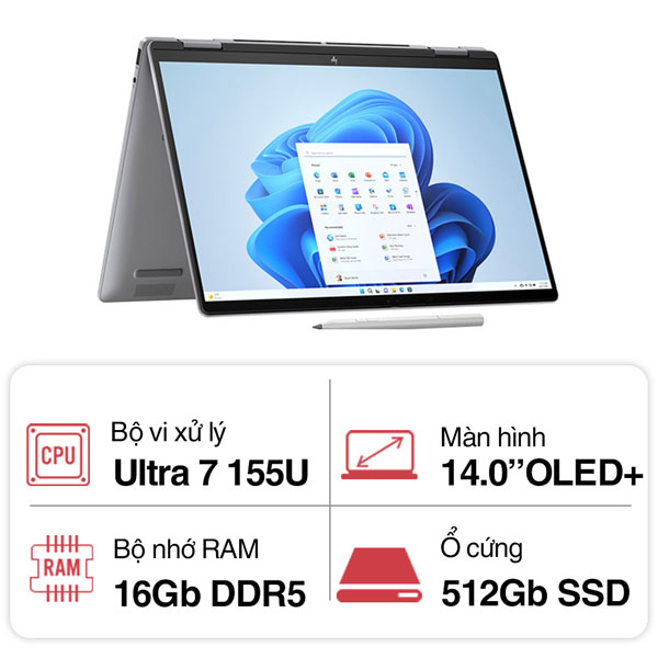 Laptop HP Envy x360 14-fc0090TU A19C0PA (Ultra 7 155U/ 16GB RAM/ 512GB SSD/ 14.0inch OLED Touch/ Win11/ Vỏ nhôm/ Pen/ Silver)