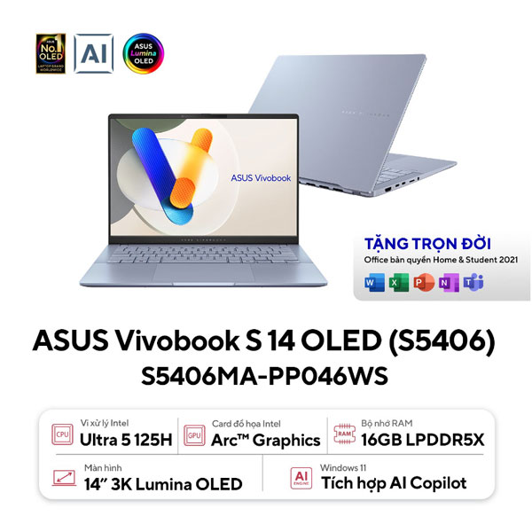 Laptop Asus Vivobook S14 OLED S5406MA-PP046WS (Ultra 5 125H/ 16GB RAM/ 512GB SSD/ 14 inch 3K/ 120Hz/ Win 11/ Office/ Vỏ nhôm/ Blue)