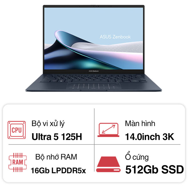 Laptop Asus Zenbook 14 OLED UX3405MA-PP151W (Ultra 5 125H/ 16GB RAM/ 512GB SSD/ 14 inch 3K/ 120Hz/ Win11/ Vỏ nhôm/ Blue Túi)