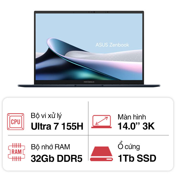 Laptop Asus Zenbook 14 OLED UX3405MA-PP152W (Ultra 7 155H/ 32GB RAM/ 1TB SSD/ 14 inch 3K/ 120Hz/ Win11/ Vỏ nhôm/ Blue Túi)