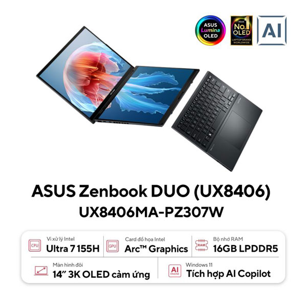 Laptop Asus Zenbook Duo OLED UX8406MA-PZ307W (Ultra 7 155H/ 16GB/ 512GB SSD/ 14 inch 3K/ 120Hz/ Win11/ Vỏ nhôm/ Grey/ Túi/ Pen)