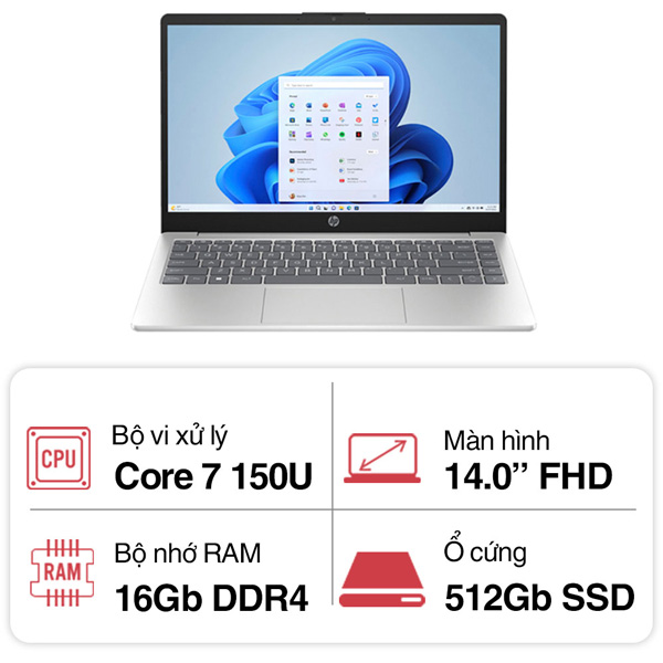 Laptop HP 14 ep1007TU 9Z2W1PA (Core 7 150U/ 16GB RAM/ 512GB SSD/ 14 inch FHD/ Win11/ Silver)