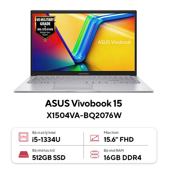 Laptop Asus Vivobook 15 X1504VA-BQ2076W (i5 1334U/ 16GB RAM/ 512GB SSD/ 15.6 inch FHD/ Win11/ Silver)