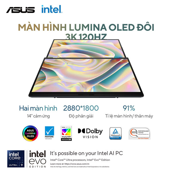 Laptop Asus Zenbook Duo UX8406CA-PZ109WS (Ultra 9 285H/ 32GB RAM/ 1TB SSD/ 14 inch 3K Touch/ 120Hz/ Win 11/ Office/ Gray/ Vỏ nhôm/ Bút)