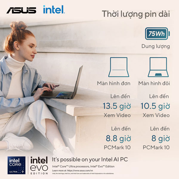 Laptop Asus Zenbook Duo UX8406CA-PZ109WS (Ultra 9 285H/ 32GB RAM/ 1TB SSD/ 14 inch 3K Touch/ 120Hz/ Win 11/ Office/ Gray/ Vỏ nhôm/ Bút)