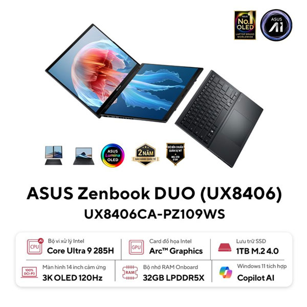 Laptop Asus Zenbook Duo UX8406CA-PZ109WS (Ultra 9 285H/ 32GB RAM/ 1TB SSD/ 14 inch 3K Touch/ 120Hz/ Win 11/ Office/ Gray/ Vỏ nhôm/ Bút)