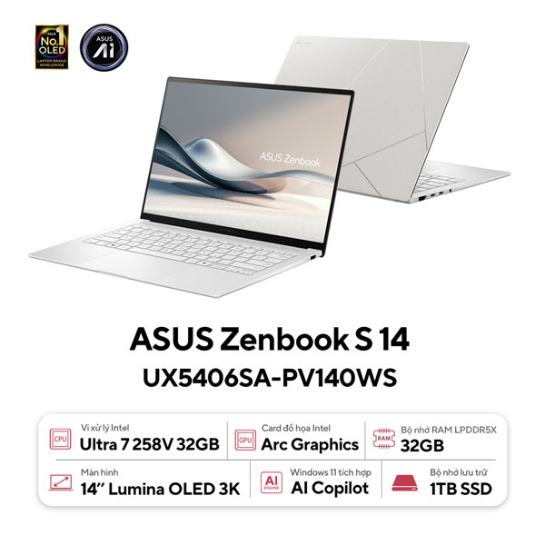 Laptop Asus Zenbook S14 OLED UX5406SA-PV140WS (Ultra 7 258V/ 32GB RAM/ 1TB SSD/ 14 inch 3K/ 120Hz/ Win 11/ Office/ White/ Vỏ nhôm)