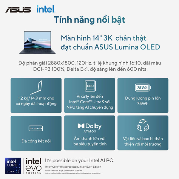 Laptop Asus Zenbook 14 UX3405CA-PZ204WS (Ultra 9 285H/ 32GB RAM/ 1TB SSD/ 14 inch 3K Touch/ 120Hz/ Win 11/ Office/ Blue/ Vỏ nhôm/ Bút)