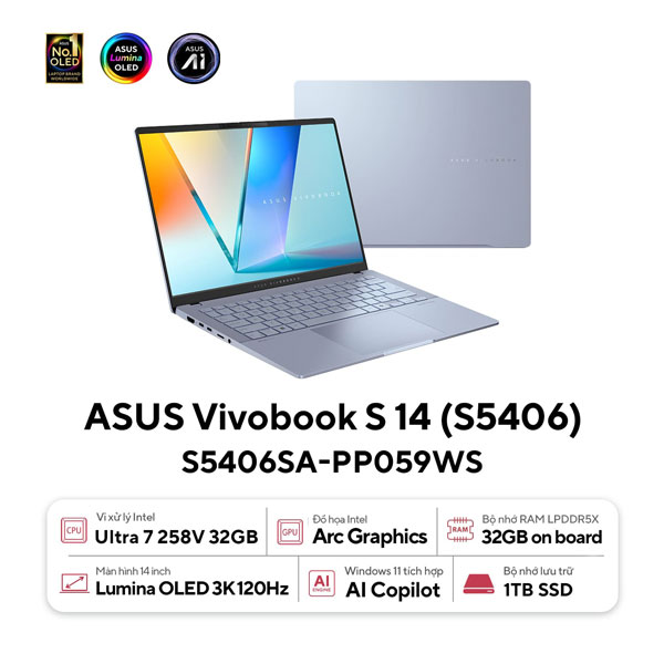Laptop Asus Vivobook S14 OLED S5406SA-PP059WS (Ultra 7 258V/ 32GB RAm/ 1TB SSD/ 14 inch 3K/ 120Hz/ Win 11/ Office/ Blue)