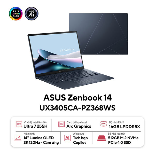 Laptop Asus Zenbook 14 UX3405CA-PZ368WS (Ultra 7 255H/ 16GB RAM/ 512GB SSD/ 14 inch 3K Touch/ 120Hz/ Win 11/ Office/ Blue)