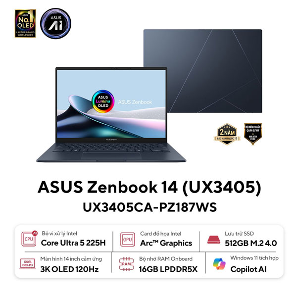 Laptop Asus Zenbook 14 UX3405CA-PZ187WS (Ultra 5 225H/ 16GB RAM/ 512GB SSD/ 14 inch 3K Touch/ 120Hz/ Win 11/ Office/ Blue/ Vỏ nhôm/ Bút)