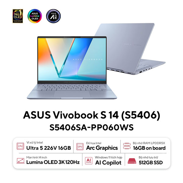 Laptop Asus Vivobook S14 OLED S5406SA-PP060WS (Ultra 5 226V 16GB/ 16GB RAM/ 512GB SSD/ 14 inch 3K/ 120Hz/ Win 11/ Office/ Blue)