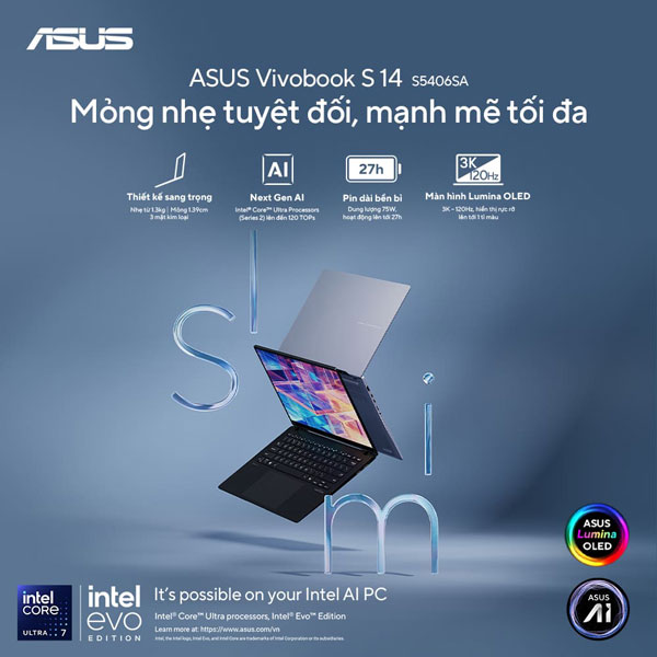 Laptop Asus Vivobook S14 OLED S5406SA-PP060WS (Ultra 5 226V 16GB/ 16GB RAM/ 512GB SSD/ 14 inch 3K/ 120Hz/ Win 11/ Office/ Blue)
