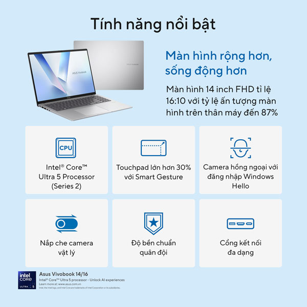 Laptop Asus Vivobook 14 A1407CA-LY008WS (Ultra 5 225H/ 16GB RAM/ 512GB SSD/ 14 inch WUXGA/ Win 11/ Office/ Silver)