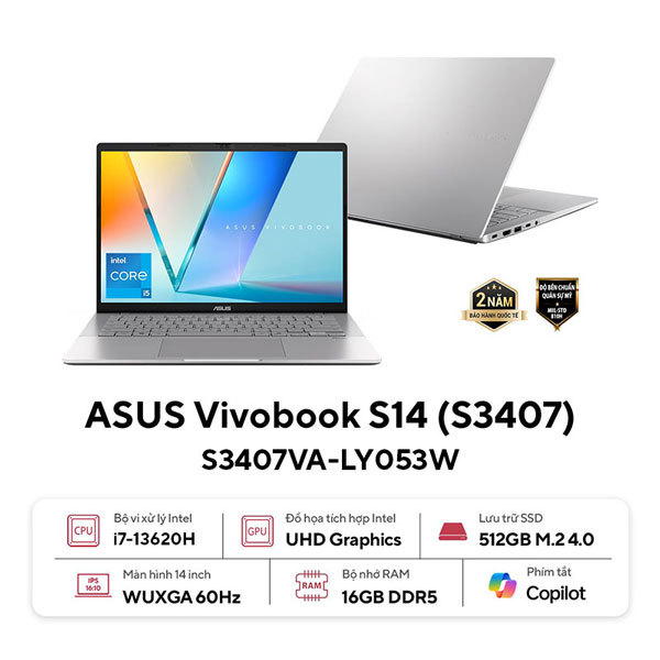 Laptop Asus Vivobook S14 S3407VA-LY053W (i7 13620H/ 16GB RAM/ 512GB SSD/ 14 inch WUXGA/ Win11/ Silver)